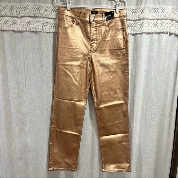 Express Ladies Rose Gold High Waisted Metallic Coated Modern Straight Jeans NWT - Picture 5 of 12